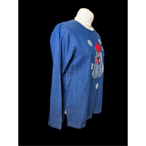 Quacker Factory Denim/Chambray 2-Pc Skirt & Top Holiday Snowman Set Sz. S - Picture 8 of 14